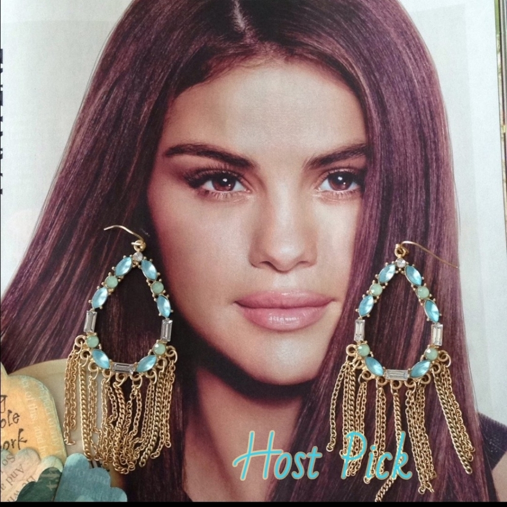 NEW Dangling Chains Earrings Turquoise Dazzling Jeweled Blue Crystals Goldtone - Picture 10 of 10